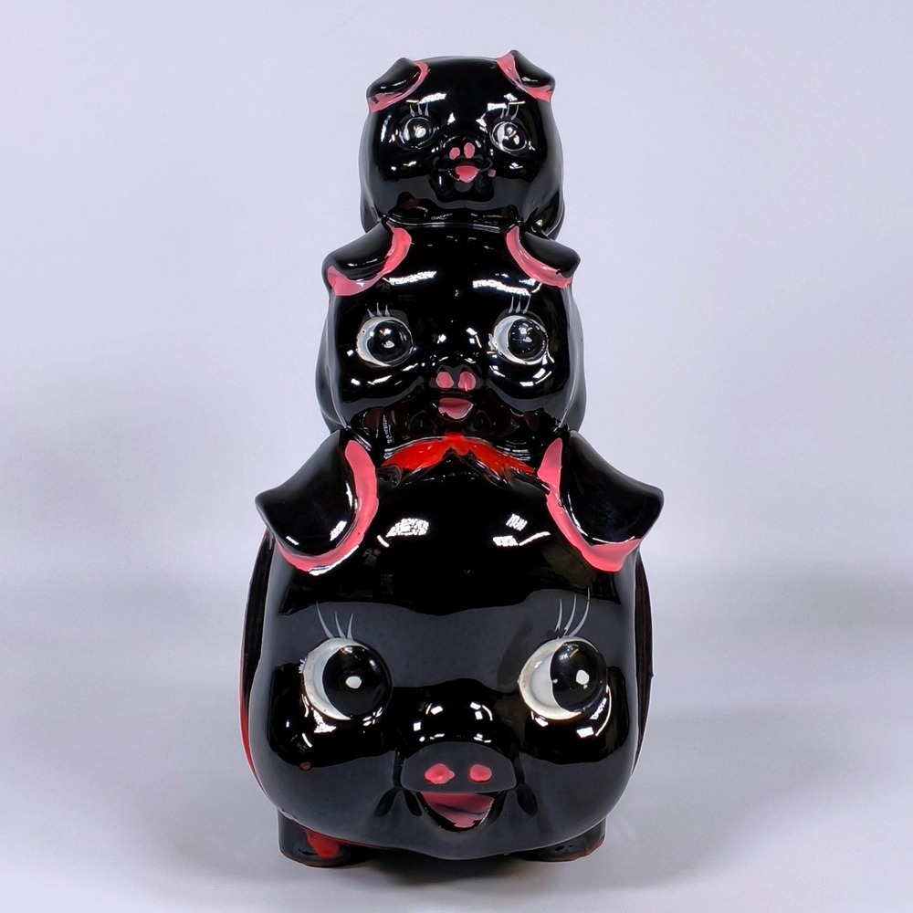 Vintage Japanese Ceramic Stacked 3 Pigs Bank Hand Painted Figurine 7.5in